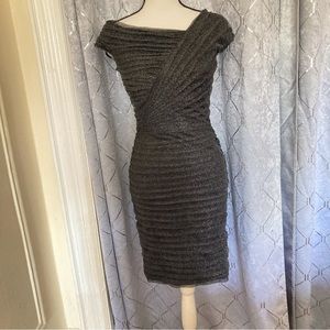 Tadashi Shoji asymmetric, neck line black sliver old money preppy dress Sz 6